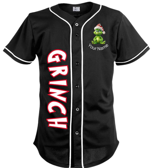 Grinch Squad Christmas Baseball Jersey – Custom Name Holiday Shirt - Front & Back Image
